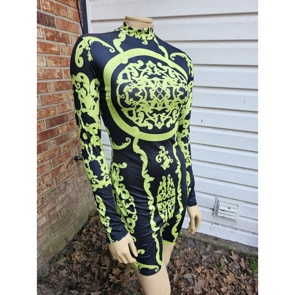 Alice Olivia Baroque Mock Neck Romper Long Sleeve Bodycon Catsuit Playsuit Sz M